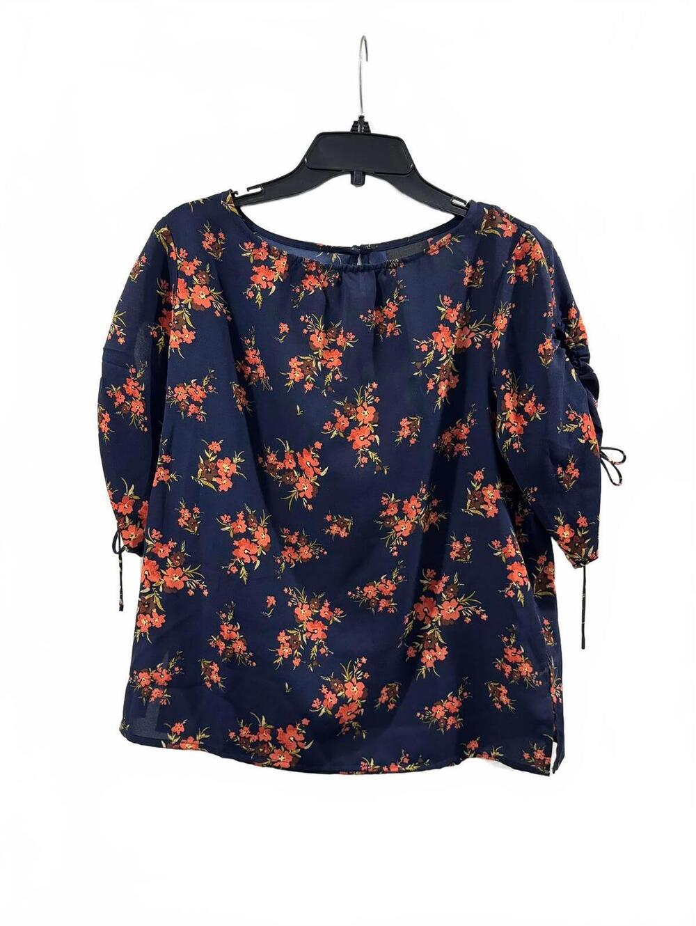 Alex Marie Navy Floral Print Short Sleeve Crew Neck Blouse Top Medium